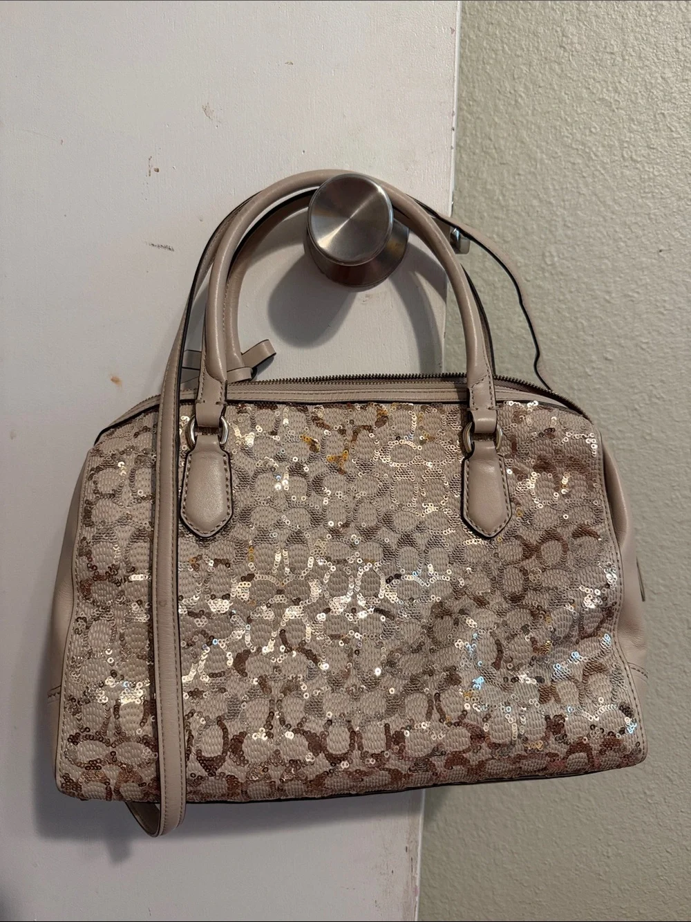 COACH Sequin-Embellished Cream Dome Satchel